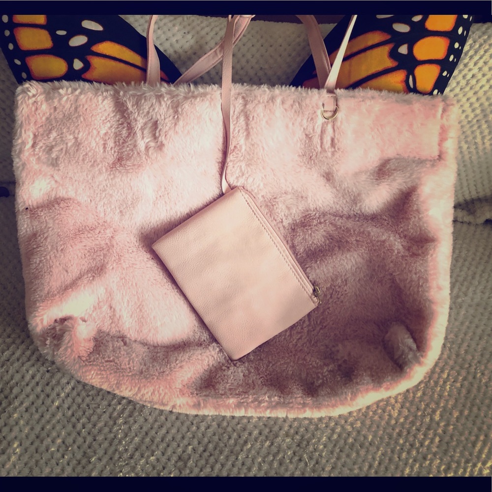 Fuzzy pink bag with attached leather bag